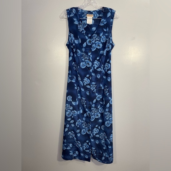 Vintage Expressions Sleeveless Button Front Tie Back Floral Blue Size 16W Maxi - Picture 1 of 16